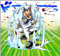 Josuke using a bottle of water in conjunction with Soft & Wet's ability to create a large bubble shield