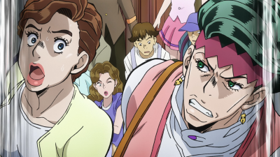 Startled from Joseph and Josuke charging through the crowd