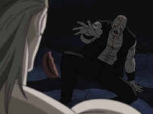 Cowardly begging for mercy after wounded and faced by the vengeful Polnareff