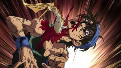 Clash attempts to tear Narancia's throat out.