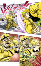 DIO throws a knife at Joseph, which temporarily kills him