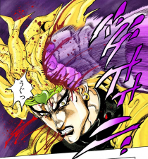 Star Platinum delivers a crippling blow to DIO's head, carving a hole through his skull