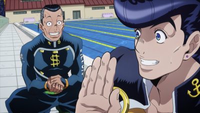 Thanking Okuyasu for complimenting his plan