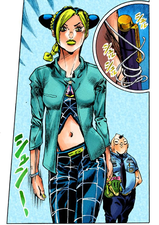 Jolyne sneakily retrieving her confiscated pen back from Loccobarocco
