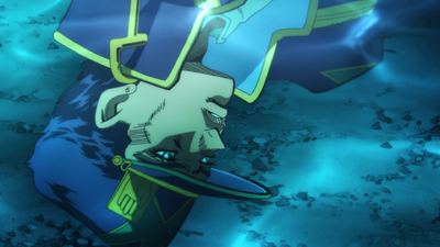 Jotaro's body submerged in the sea water, devoid of life