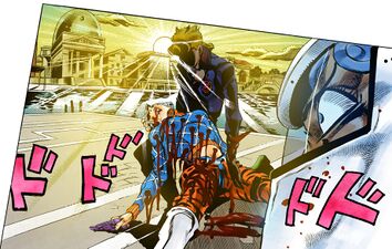 Mista being saved by Giorno as dawn breaks