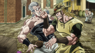 Hol Horse jams his fingers into Polnareff's nose