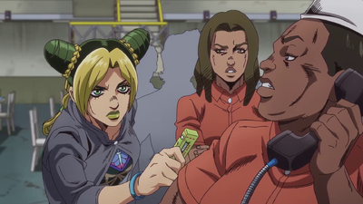 Jolyne punches the convict with a pack of gum containing money