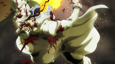 Jotaro becomes fatally injured by Sheer Heart Attack's point-blank explosion.