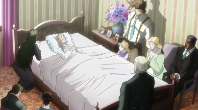 Erina lying peacefully on her deathbed with family at her side