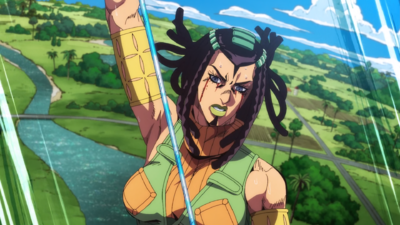 Ermes hanging on Jolyne's rope after falling out of a helicopter