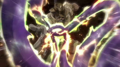 Joseph utilizing both Hermit Purple and Ripple in an attempt to take down DIO.
