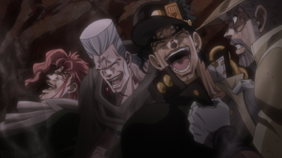 Laughing with Kakyoin and Polnareff at Sun's attempt to fool them