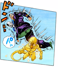 Okuyasu teleports above Red Hot Chili Pepper to catch it by surprise