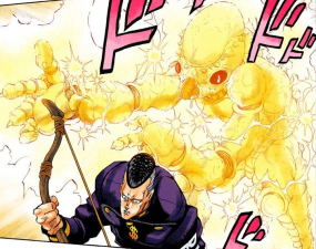 Attacking Okuyasu from behind, planning to steal the Bow and Arrow