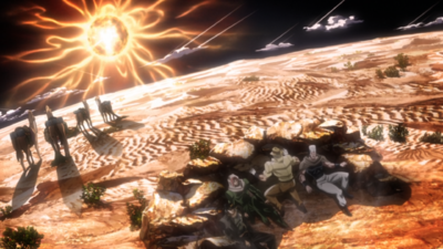 The Joestar group taking cover from Sun's fatal heat