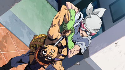 Trish reverses Narancia's knife back onto him