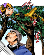 Josuke e Mamezuku em uma lamborghini em cima de uma árvore