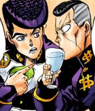 Okuyasu preparing to drink Tonio's mineral water