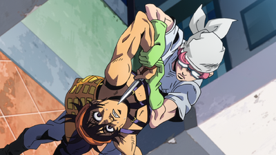 Narancia caught off guard by Trish turning his knife back on him