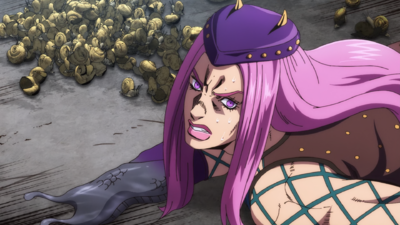 Anasui turning into a snail as a result of Heavy Weather