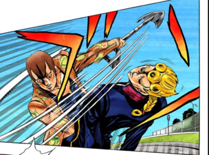 Luca swinging his shovel, about to attack Giorno