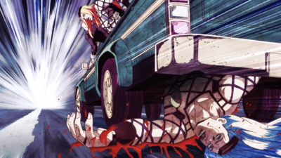 Anasui's body separated from his soul by Bohemian Rhapsody and being run over by the truck