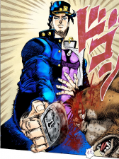 Jotaro smashes Forever's head with a lock