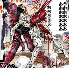 Bucciarati screams in pain as he's attacked by the Boss and his King Crimson