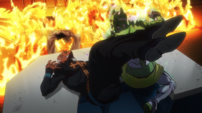 C-MOON next to Pucci in a burning building after striking both of Jolyne's arms