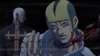 Versus bleeding from his neck after his Stand was stabbed by Jolyne's pen