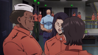 Talking with another inmate while Jolyne and F.F. pursue Miraschon