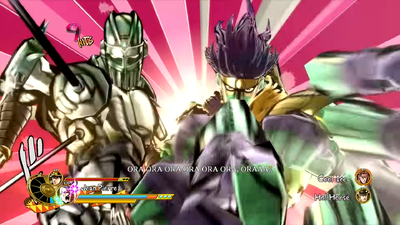 Silver Chariot + Star Platinum double team in Dual Heat Attack with Jotaro