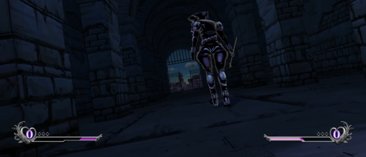 Chariot Requiem slowly exits the arena after reattaching its arm, holding the Arrow