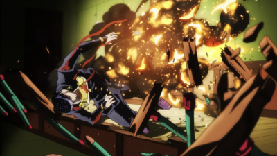 Josuke caught in the massive explosion from Killer Queen