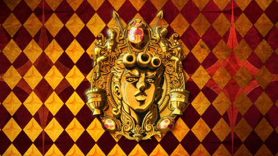 Giorno's face embedded in a Gold emblem