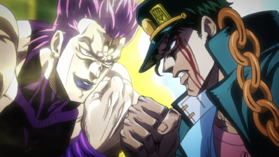 DIO and Jotaro, about to clash fists in the final showdown
