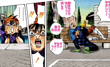 Caught off-guard by the sight of Giorno healing Mista