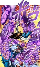 Star Platinum protecting Merlai Anne and punching Dark Blue Moon at the same time