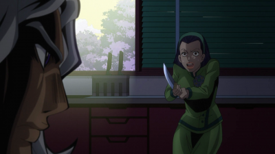 Tomoko threatening Terunosuke with a kitchen knife.