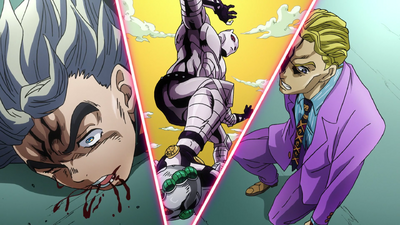 Koichi is pinned down by Killer Queen's surprising strength