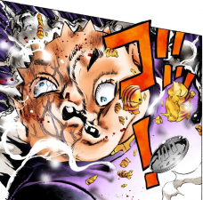 Shigechi's face partially exploding from Killer Queen's bomb.