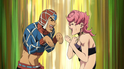 Trish and Mista laughing after teasing each other regarding the soul switching done by Chariot Requiem earlier and their experiences about it
