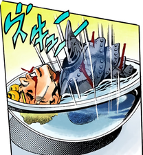 Clash teleporting Giorno into a small cup of water
