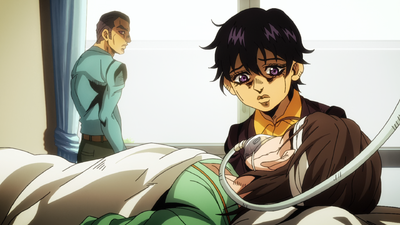 Narancia with his father in a hospital, visiting his sick mother