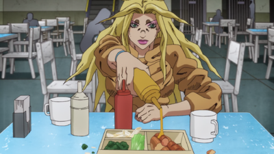 Miu Miu pouring a trio of ketchup, mustard, and dressing onto Jolyne's food to erase her memory