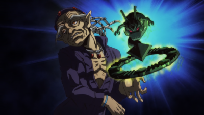 Posing with his Stand while Anasui explains his assassination feng shui
