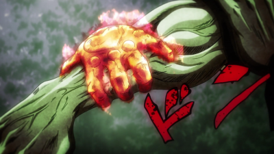 Ręka Atuma asymiluje się z ramieniem Jotaro