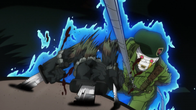 A "Green Beret" stabbing Koichi with a tactical knife