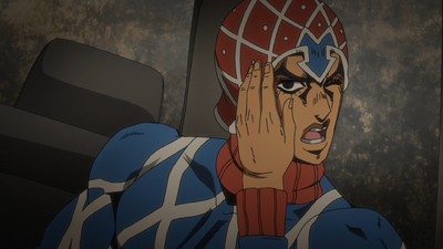 Mista knocked against the glass by Giorno's reckless driving.
